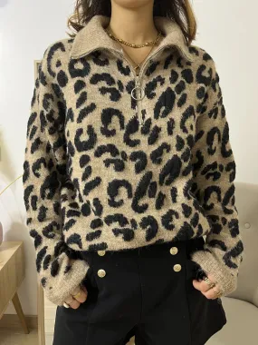 Pullover mit Leopardenmuster und Reißverschluss vorne